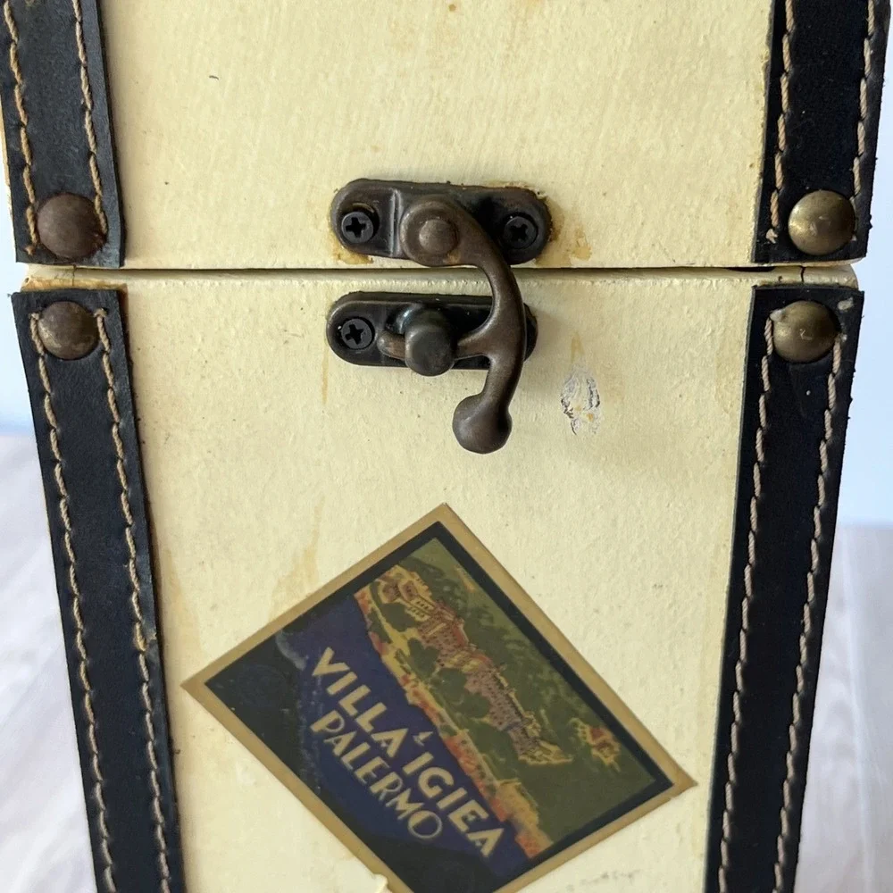 Wooden Wine Bottle Gift Box, Leather Accents Luggage Theme, Metal Clasp & Handle